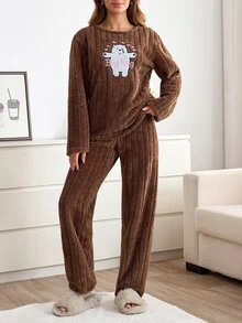 SHEIN Cute Bear Embroidered Ribbed Plush Sleepwear Set Women's Warm Long Sleeve Two Pieces Pajama Set - Brown - View 10