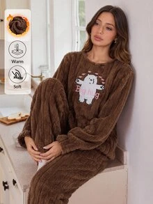 SHEIN Cute Bear Embroidered Ribbed Plush Sleepwear Set Women's Warm Long Sleeve Two Pieces Pajama Set - Brown - View 11