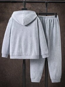 SHEIN Tween Boy Letter Graphic Kids Hoodie And Pants Casual Daily Outfit Set - Grey - View 3
