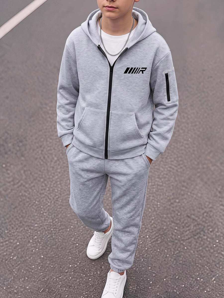 SHEIN Tween Boy Letter Graphic Kids Hoodie And Pants Casual Daily Outfit Set - Grey - View 1