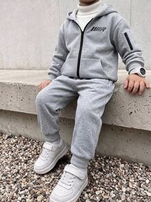 SHEIN Tween Boy Letter Graphic Kids Hoodie And Pants Casual Daily Outfit Set - Grey - View 6