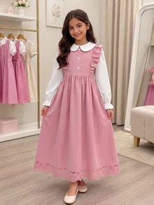 SHEIN Tween女孩秋季洋裝 2合1 蕾射鏤空下擺 優雅可愛 荷葉邊彼得潘領 長袖公主風派對洋裝 白色/灰粉色 - 粉色 - 查看 7