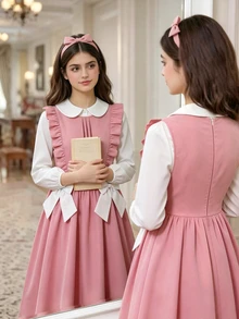 SHEIN Tween Girls Fall Tops 2pcs/Set Outfit, Ruffle Collar Pullover Long Sleeve Shirt, Woven Bow Fall Clothes,Back To School,School Clothes - Multicolor - View 8