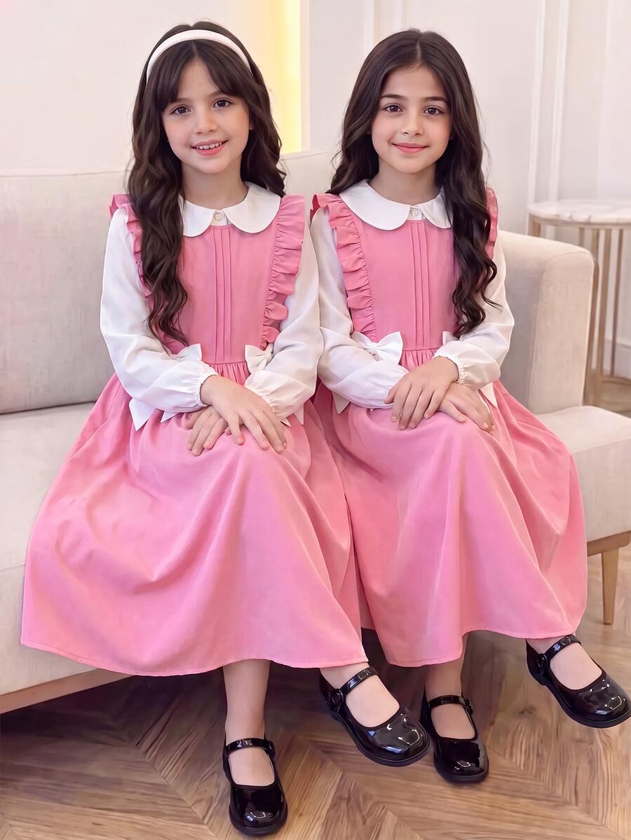 SHEIN Tween Girls Fall Tops 2pcs/Set Outfit, Ruffle Collar Pullover Long Sleeve Shirt, Woven Bow Fall Clothes,Back To School,School Clothes