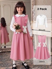 SHEIN Tween Girls Fall Tops 2pcs/Set Outfit, Ruffle Collar Pullover Long Sleeve Shirt, Woven Bow Fall Clothes,Back To School,School Clothes - Multicolor - View 4