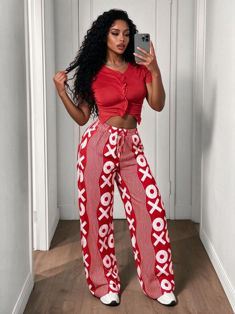 BamGleam Women's Elastic Waist Drawstring Loose All-Over Print Casual Pants Fall Cloth For Women - Red and White - View 3