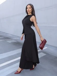 Shopreo SELECTION 2025 女款不對稱拼接寬腿長褲，極簡黑色冬季優雅派對時尚，日系中性風格 Grunge Y2K - 黑色 - 查看 3