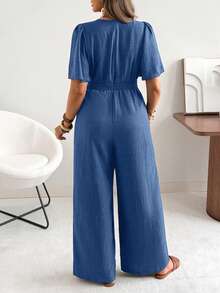 Flirla Plus Size Woven Cross Collar Aqua Blue Ruffle Short Sleeve Straight Leg Jumpsuit Double D-Ring Waist Decor Summer Casual Elegant Brunch Formal - Blue - View 2