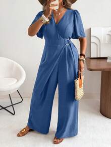 Flirla Plus Size Woven Cross Collar Aqua Blue Ruffle Short Sleeve Straight Leg Jumpsuit Double D-Ring Waist Decor Summer Casual Elegant Brunch Formal - Blue - View 4