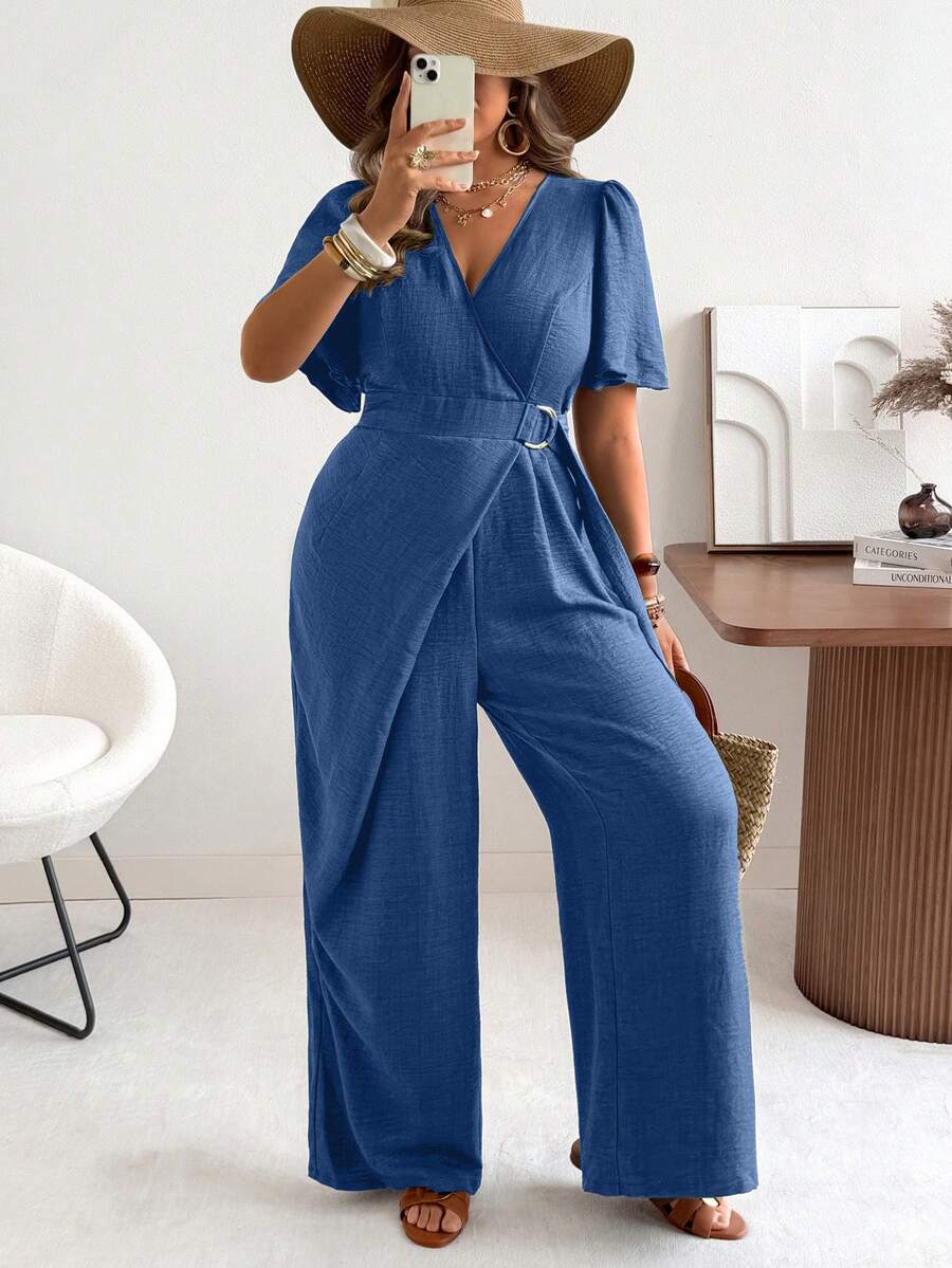 Flirla Plus Size Woven Cross Collar Aqua Blue Ruffle Short Sleeve Straight Leg Jumpsuit Double D-Ring Waist Decor Summer Casual Elegant Brunch Formal - Blue - View 1