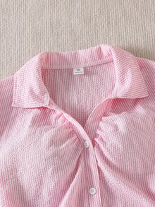 SHEIN 青少年女孩休閒可愛日常通勤修身短版短袖粉色襯衫，夏季穿搭，極簡度假生日派對畢業正式場合 - 粉色 - 查看 7
