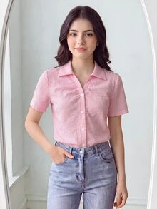 SHEIN 青少年女孩休閒可愛日常通勤修身短版短袖粉色襯衫，夏季穿搭，極簡度假生日派對畢業正式場合 - 粉色 - 查看 1
