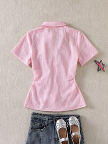 SHEIN 青少年女孩休閒可愛日常通勤修身短版短袖粉色襯衫，夏季穿搭，極簡度假生日派對畢業正式場合 - 粉色 - 查看 4