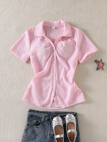 SHEIN 青少年女孩休閒可愛日常通勤修身短版短袖粉色襯衫，夏季穿搭，極簡度假生日派對畢業正式場合 - 粉色 - 查看 5
