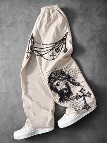 ROMWE MEN Street Retro Digital Print Jesus Floral Pant Chain Graphic Handwritten English All-Over Print Drawstring Elastic Waist Drape Floor-Length Loose Curved Leg Pants American High Street Vintage Unisex - Khaki - View 9