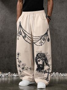ROMWE MEN Street Retro Digital Print Jesus Floral Pant Chain Graphic Handwritten English All-Over Print Drawstring Elastic Waist Drape Floor-Length Loose Curved Leg Pants American High Street Vintage Unisex - Khaki - View 1