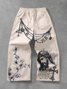 ROMWE MEN Street Retro Digital Print Jesus Floral Pant Chain Graphic Handwritten English All-Over Print Drawstring Elastic Waist Drape Floor-Length Loose Curved Leg Pants American High Street Vintage Unisex - Khaki - View 10