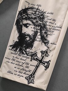 ROMWE MEN Street Retro Digital Print Jesus Floral Pant Chain Graphic Handwritten English All-Over Print Drawstring Elastic Waist Drape Floor-Length Loose Curved Leg Pants American High Street Vintage Unisex - Khaki - View 2