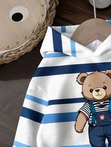 Young Boy Casual Minimalist Comfortable Cute Style Childlike Cartoon Bear Pattern Preppy Striped Hooded Sweatshirt Loose Comfortable Daily Wear Knit Long Sleeve Sweatshirt Suitable For Autumn/Winter - White - View 5