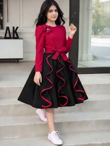 SHEIN Tween Girl Floral 3D Decor Contrast Color Round Neck Long Sleeve Ruffle Hem Elegant Dress - Multicolor - View 2