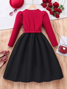 SHEIN Tween Girl Floral 3D Decor Contrast Color Round Neck Long Sleeve Ruffle Hem Elegant Dress - Multicolor - View 7