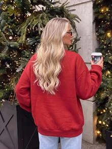 SHEIN EZwear 秋季新款聖誕杯印花圓領長袖寬鬆加厚女款衛衣，適合假期、秋季上衣、日常通勤、約會、聚會，秋冬春夏通用，聖誕節、新年、感恩節、派對、新年 - 紅色 - 查看 2