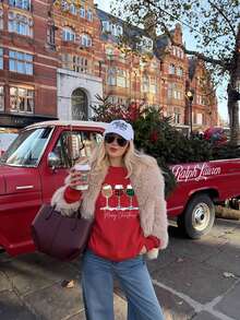 SHEIN EZwear 秋季新款聖誕杯印花圓領長袖寬鬆加厚女款衛衣，適合假期、秋季上衣、日常通勤、約會、聚會，秋冬春夏通用，聖誕節、新年、感恩節、派對、新年 - 紅色 - 查看 7