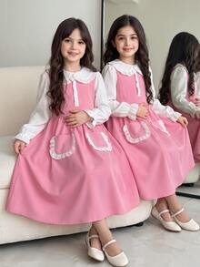SHEIN Tween Girls Contrast Peter Pan Collar 2-In-1 Long Sleeve Modest Dress Ruffle Pockets A-Line School Swing Dresses - Pink - View 2