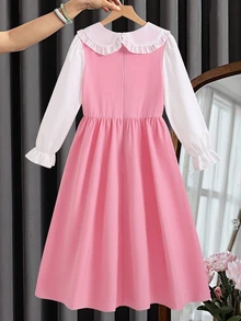 SHEIN Tween Girls Contrast Peter Pan Collar 2-In-1 Long Sleeve Modest Dress Ruffle Pockets A-Line School Swing Dresses - Pink - View 4
