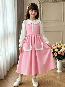 SHEIN Tween Girls Contrast Peter Pan Collar 2-In-1 Long Sleeve Modest Dress Ruffle Pockets A-Line School Swing Dresses - Pink - View 11