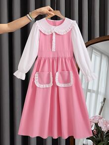 SHEIN Tween Girls Contrast Peter Pan Collar 2-In-1 Long Sleeve Modest Dress Ruffle Pockets A-Line School Swing Dresses - Pink - View 9