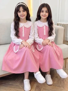 SHEIN Tween Girls Contrast Peter Pan Collar 2-In-1 Long Sleeve Modest Dress Ruffle Pockets A-Line School Swing Dresses - Pink - View 1
