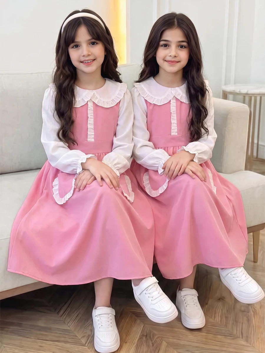 SHEIN Tween Girls Contrast Peter Pan Collar 2-In-1 Long Sleeve Modest Dress Ruffle Pockets A-Line School Swing Dresses - Pink - View 1