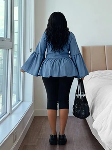 Jeanoix Plus Size Women's Fashion Denim Top With Front Tie And Extra Wide Bell Sleeves - Blue - View 7