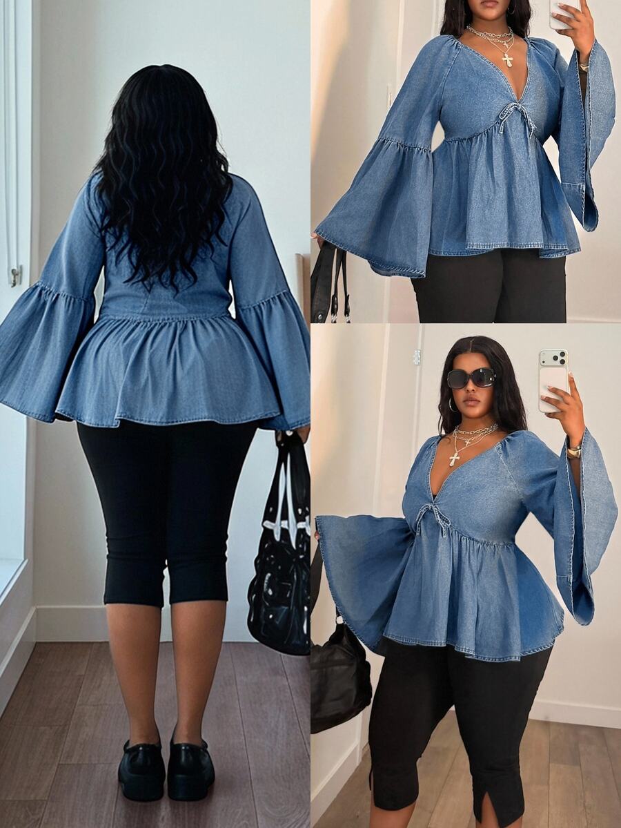 Jeanoix Plus Size Women's Fashion Denim Top With Front Tie And Extra Wide Bell Sleeves - Blue - View 1