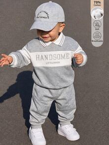SHEIN Baby Boy Cotton Set Color-Block Letter Embroidered Polo Collar Sweatshirt And Sweatpants Casual Cute Fashionable Suitable For Baby Winter Outdoor Play - Grey - View 6