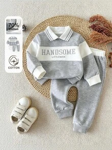SHEIN Baby Boy Cotton Set Color-Block Letter Embroidered Polo Collar Sweatshirt And Sweatpants Casual Cute Fashionable Suitable For Baby Winter Outdoor Play - Grey - View 2