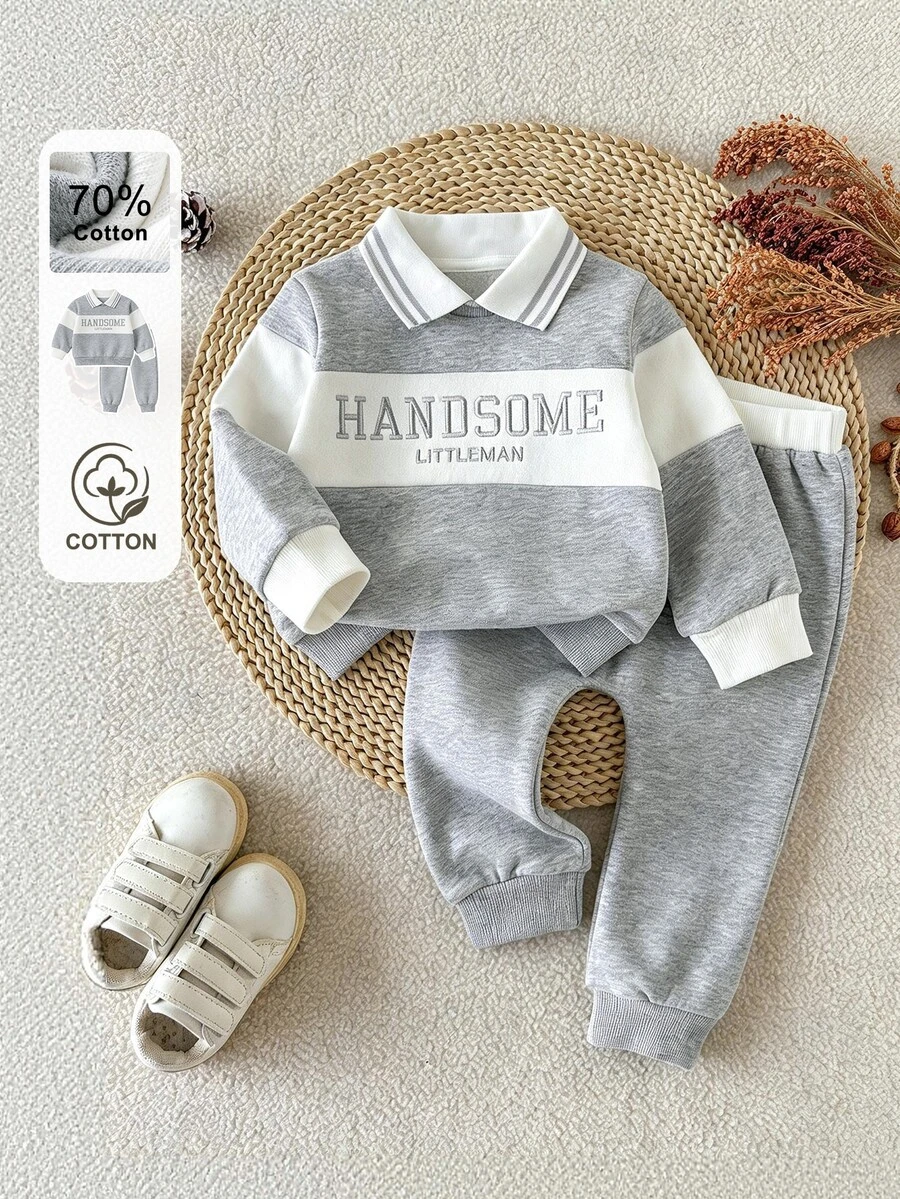 SHEIN Baby Boy Cotton Set Color-Block Letter Embroidered Polo Collar Sweatshirt And Sweatpants Casual Cute Fashionable Suitable For Baby Winter Outdoor Play