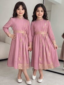 SHEIN 少女刺绣腰带优雅长袖连衣裙，充满中东风情 - 彩色 - 查看 2