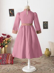 SHEIN 少女刺绣腰带优雅长袖连衣裙，充满中东风情 - 彩色 - 查看 4