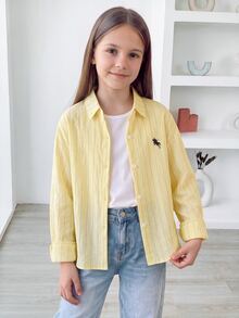 SHEIN Tween Girls Knight Pattern Striped Long Sleeve Single-Breasted Casual Shirt, Outfit, Comfortable, Daily, Minimalist, Fall, Winter, Vacation, Cute, Y2K - Yellow - View 2
