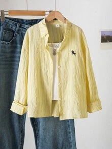 SHEIN Tween Girls Knight Pattern Striped Long Sleeve Single-Breasted Casual Shirt, Outfit, Comfortable, Daily, Minimalist, Fall, Winter, Vacation, Cute, Y2K - Yellow - View 3