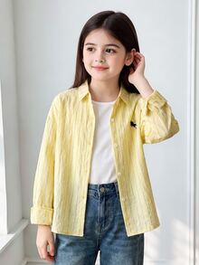 SHEIN Tween Girls Knight Pattern Striped Long Sleeve Single-Breasted Casual Shirt, Outfit, Comfortable, Daily, Minimalist, Fall, Winter, Vacation, Cute, Y2K - Yellow - View 1