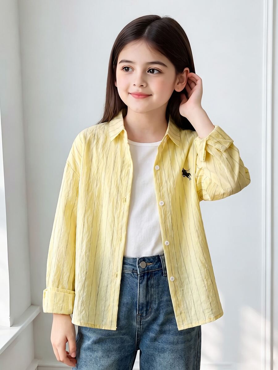 SHEIN Tween Girls Knight Pattern Striped Long Sleeve Single-Breasted Casual Shirt, Outfit, Comfortable, Daily, Minimalist, Fall, Winter, Vacation, Cute, Y2K - Yellow - View 1