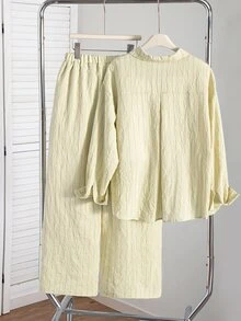 SHEIN Teen Girl Fall Outfits Casual Baggy Yellow White Shirt Pants Set Autumn Fall, Holiday Outfits, Comfortable, Daily Sixth Form Formal - Yellow - View 5