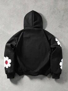 ROMWE MEN Street Life Men's Loose Fit Foamed Print Open Front Hoodie Sweatshirt - Black - View 3