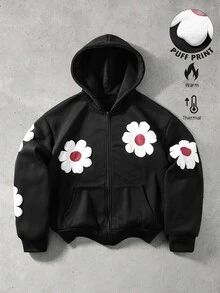 ROMWE MEN Street Life Men's Loose Fit Foamed Print Open Front Hoodie Sweatshirt - Black - View 1