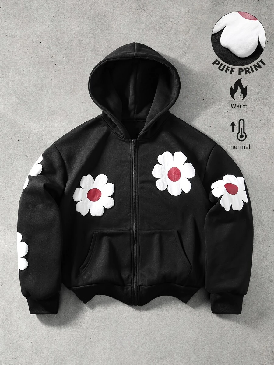 ROMWE MEN Street Life Men's Loose Fit Foamed Print Open Front Hoodie Sweatshirt - Black - View 1