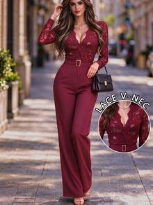 TaskSense Wine Red Lace Patchwork V-Neck Long Sleeve Jumpsuit, Autumn Mature Style, Metal Belt Waist Cinched Slimming, Suitable For Party, Date, Commute - Burgundy - View 1
