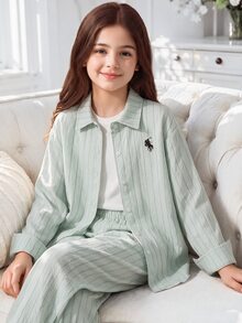 SHEIN Tween Girl Casual 80s Cute Teal Shirt And Pants Set Autumn Fall School Student Off Campus Holiday - Grey - View 2